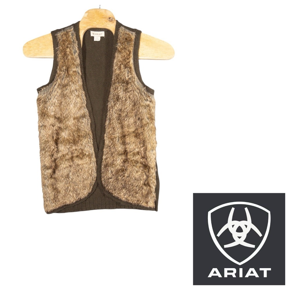 Ariat Aileen Faux Fur Vest Womens‎ L Wool Brown Chunky Knit Back Western Boho